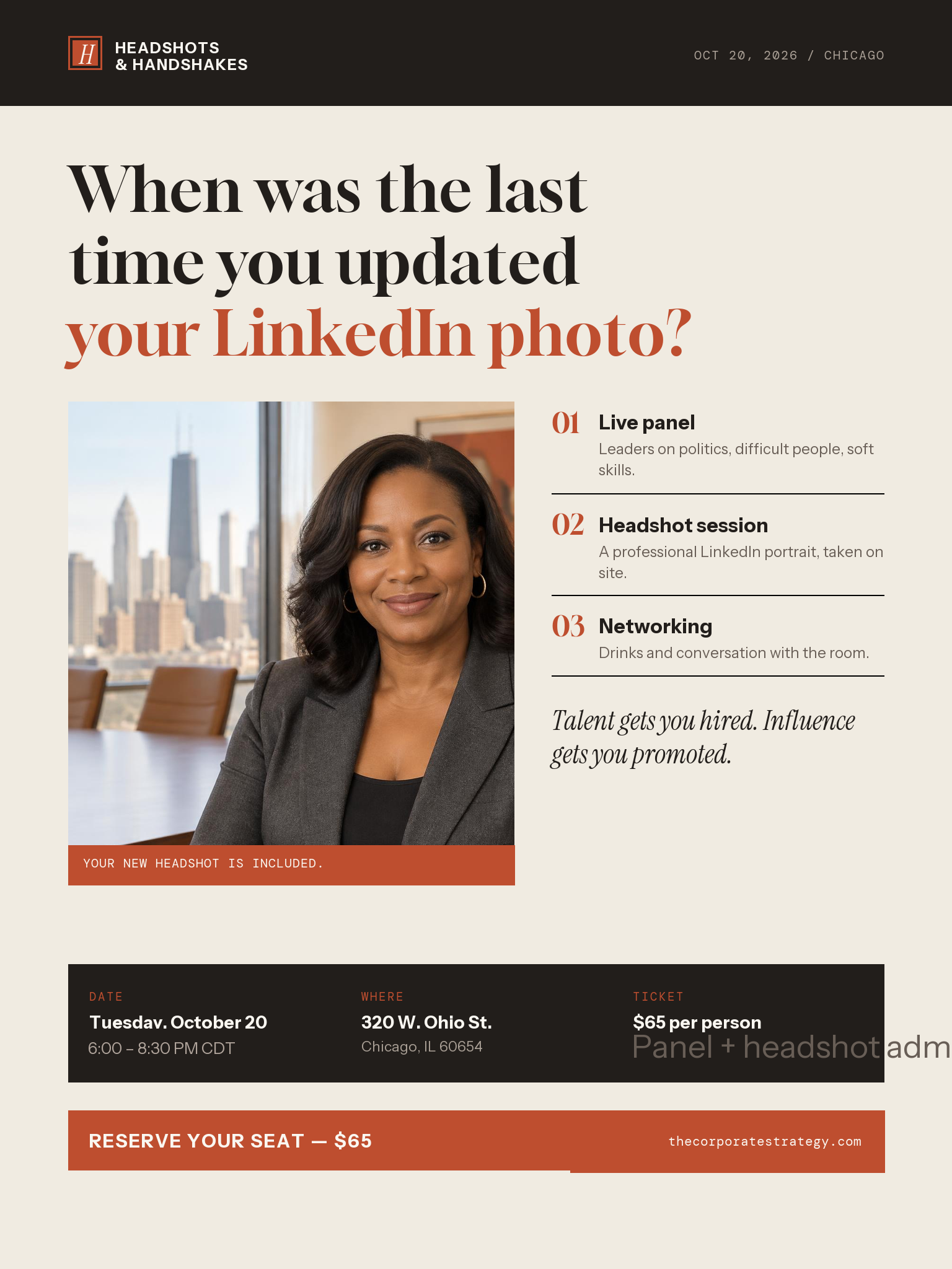 Headshots & Handshakes event flyer asking when you last updated your LinkedIn photo